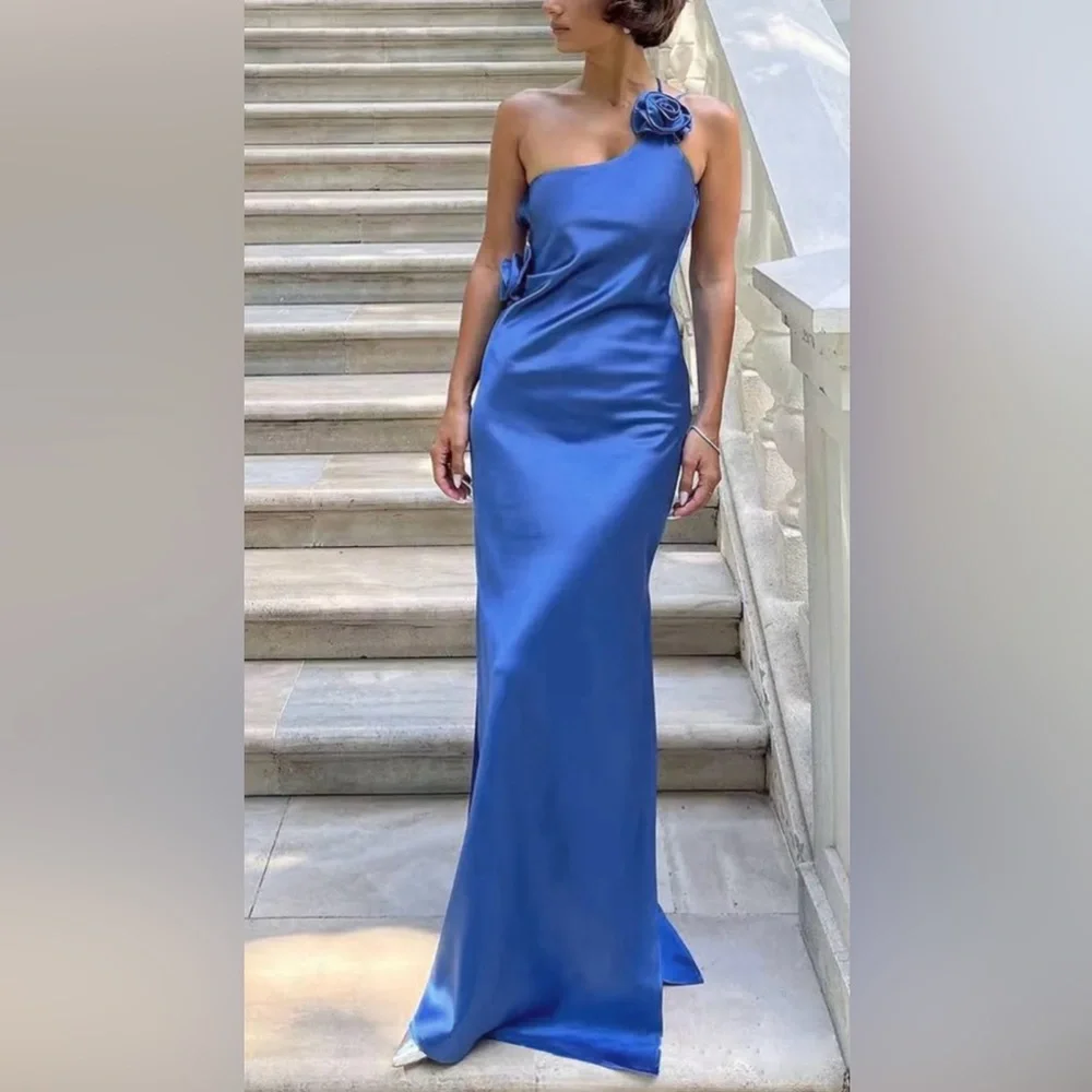 Satin Asymmetrical Open Back Maxi Dress with Rose Decor - Picture 4 of 5
